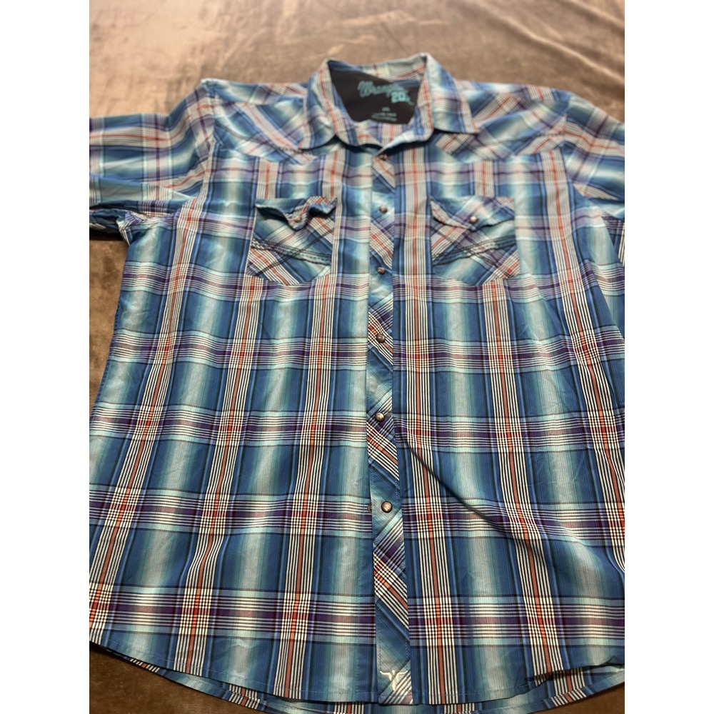 Wrangler 20X Plaid Western Shirt Mens XXL Blue Red Snap Front Short Sleeve
